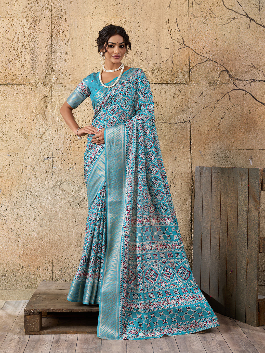  Cotton silk Ajrakh style Saree under 1000