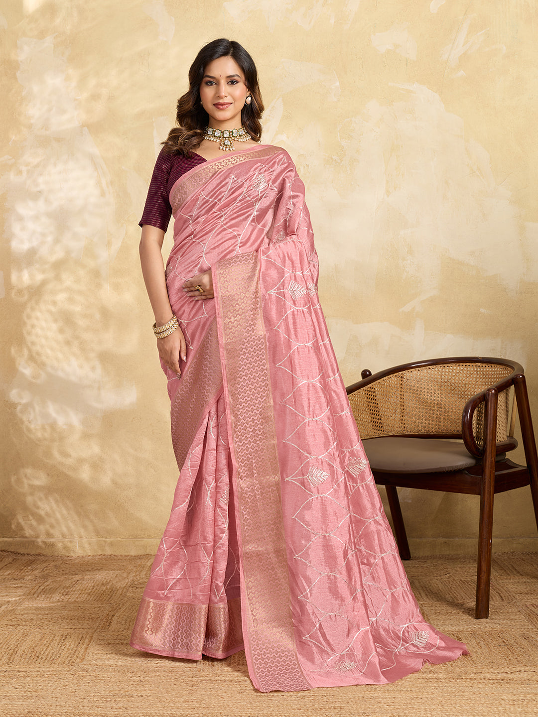 Cotton Silk Gotapatti Work Saree peach colour under 1000