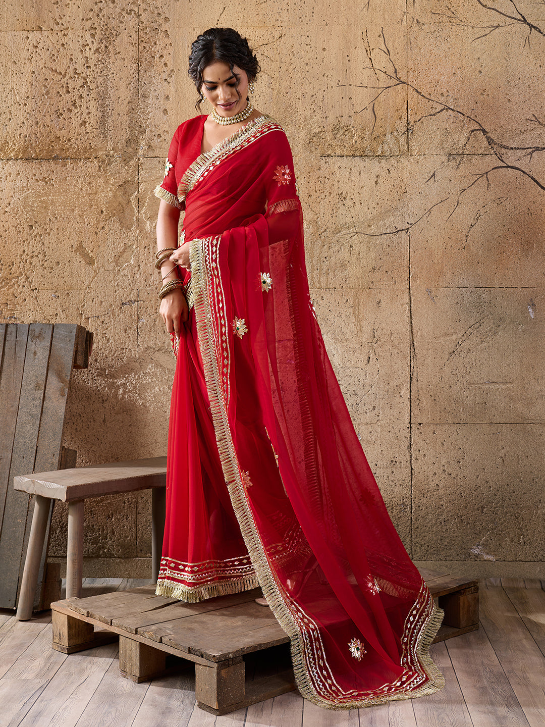 Buy Red saree with gold embroidery gatapati work in red colour