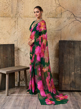  Georgette Flower Printed Style Saree in black colour