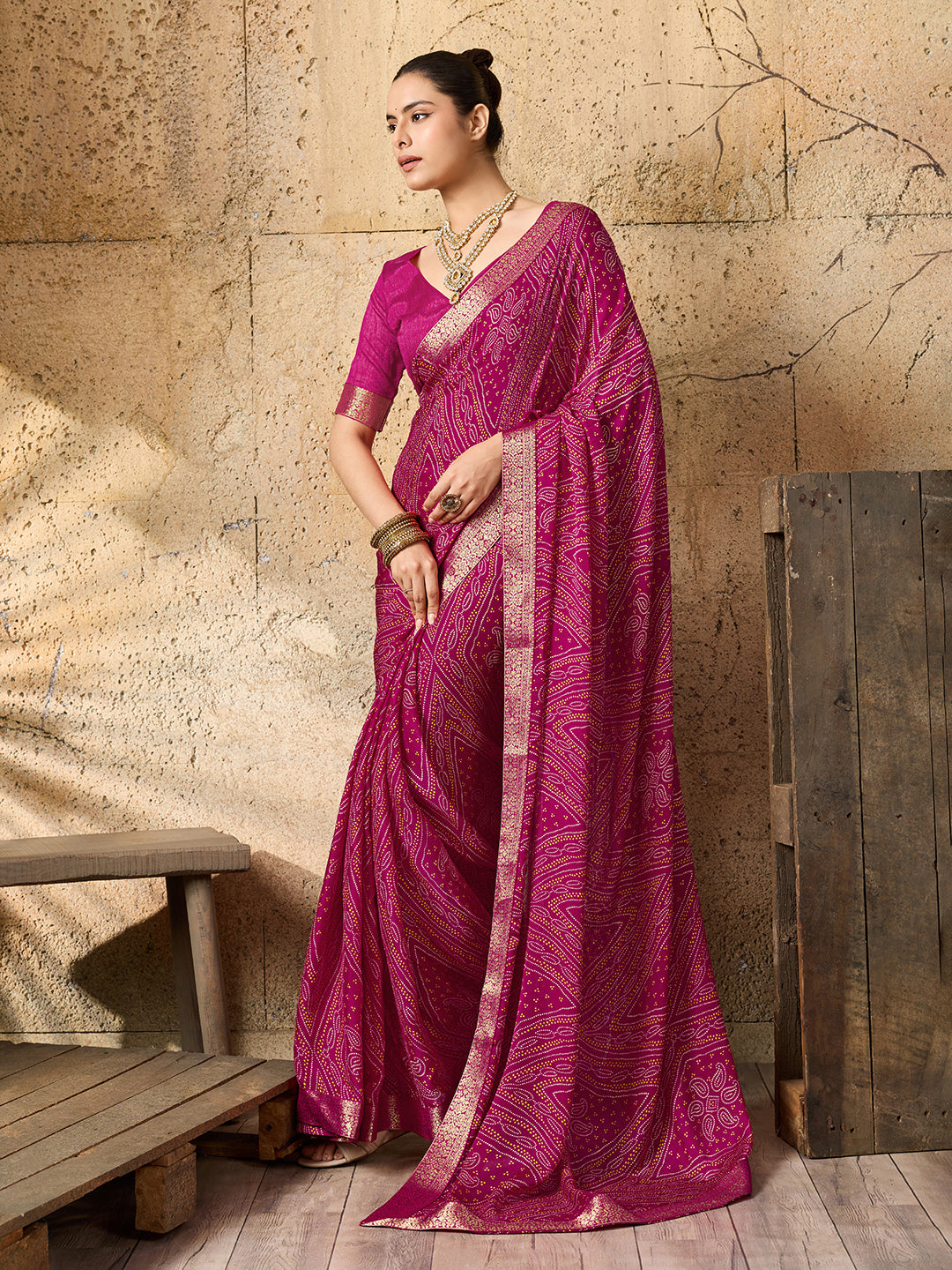 KcPc Beautiful Moss Chiffon Georgette Bandhani Sarees RaniKDM