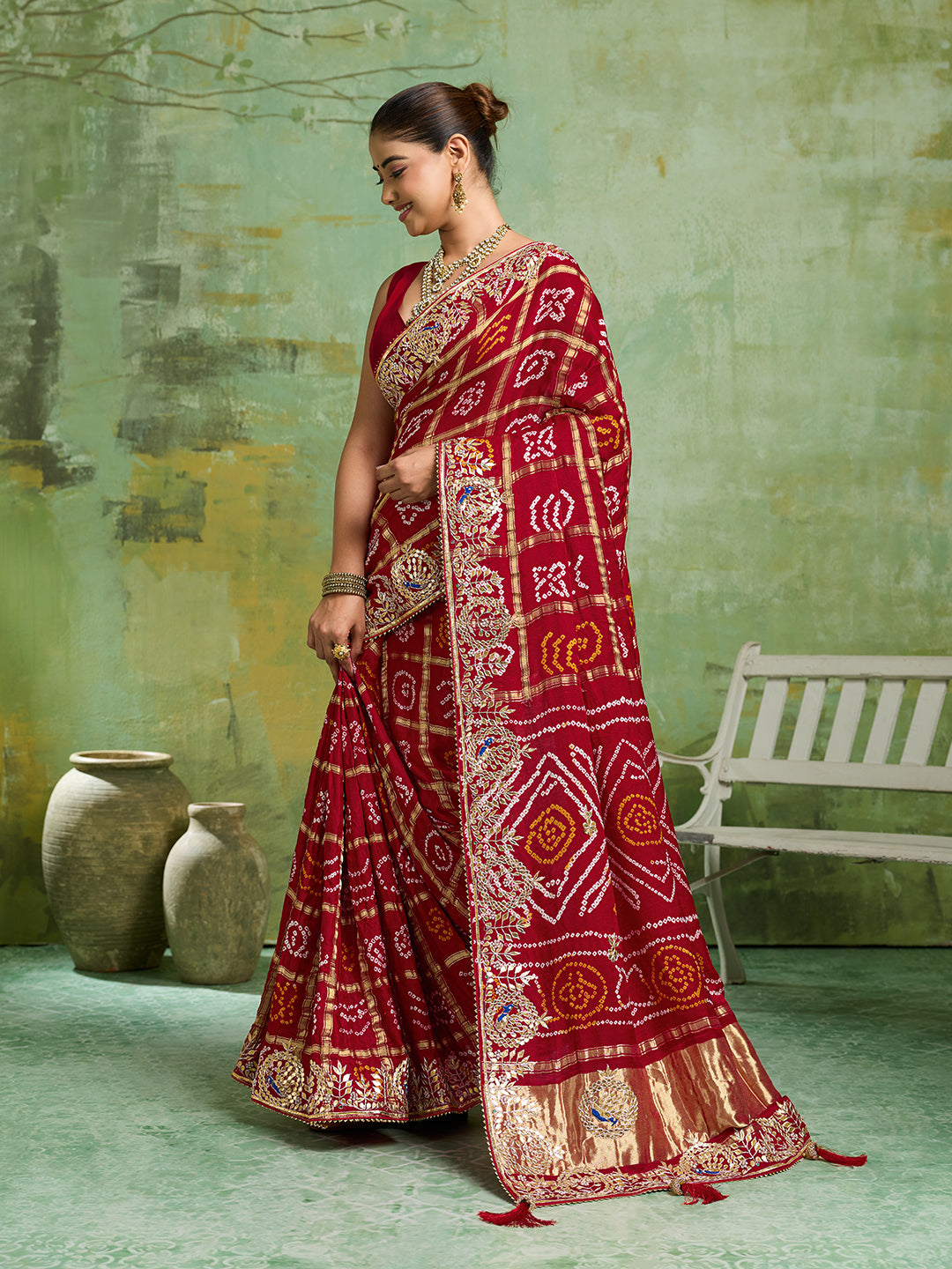 KcPc Pure Gaji Silk Bandhani Ghatchola Gotapatti Saree RedAMT