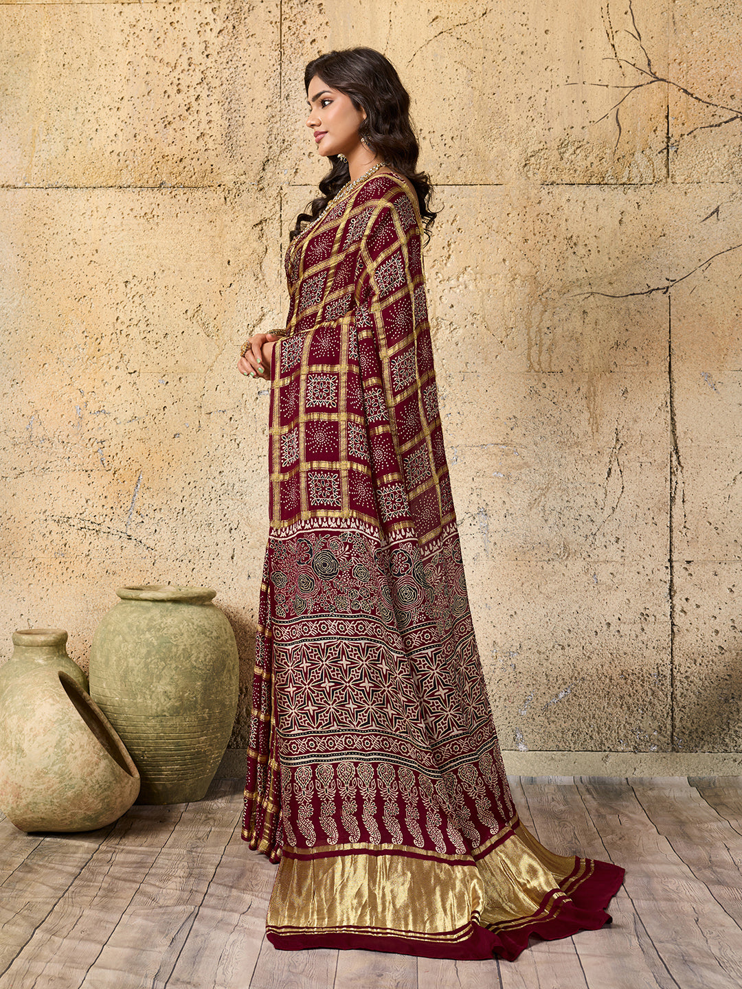 By Ajrakh saree With Traditional Wear