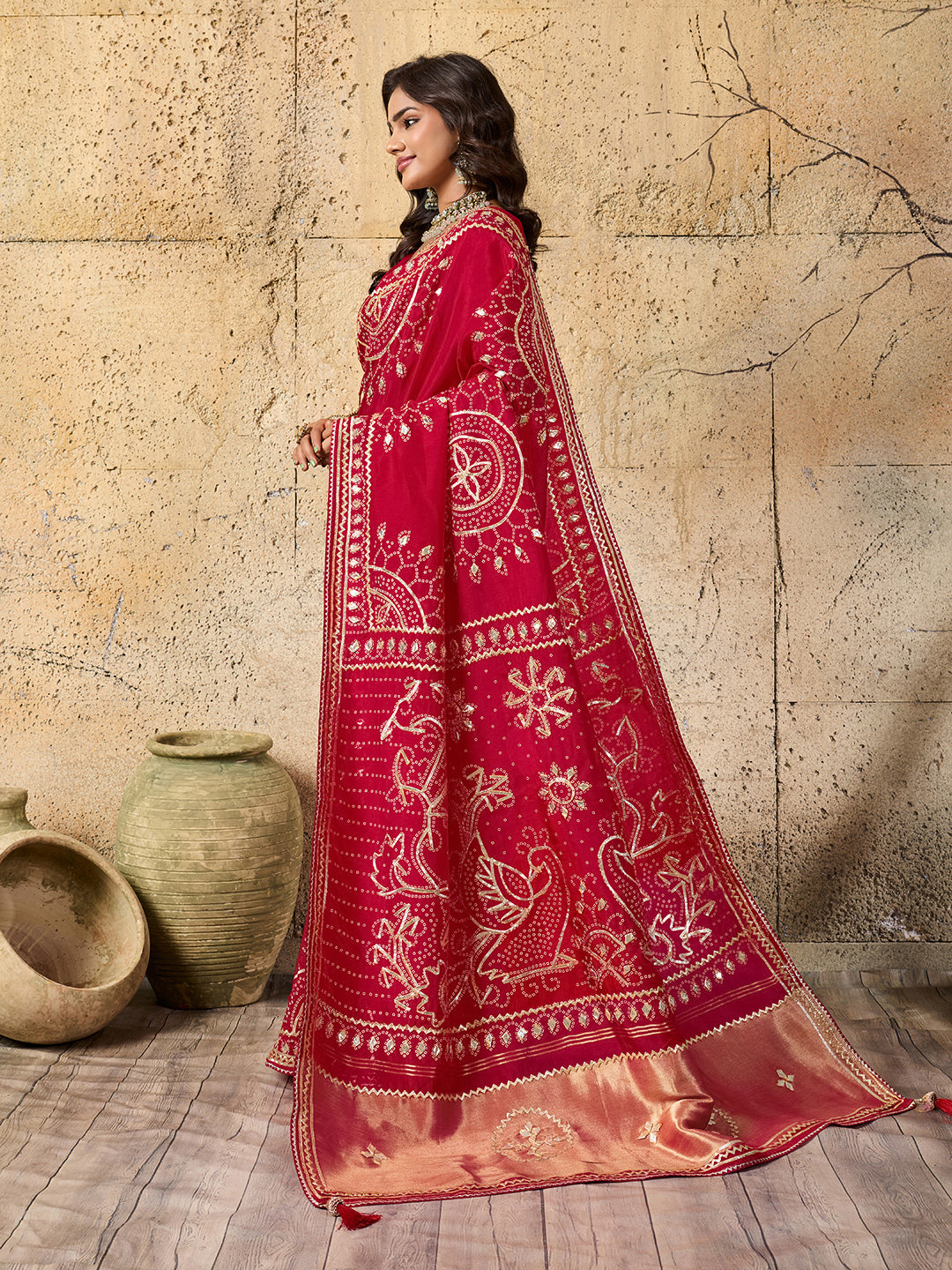 KcPc Royal Bandhani with Kachha Gota Patti Glow Modal Silk SareeAMT