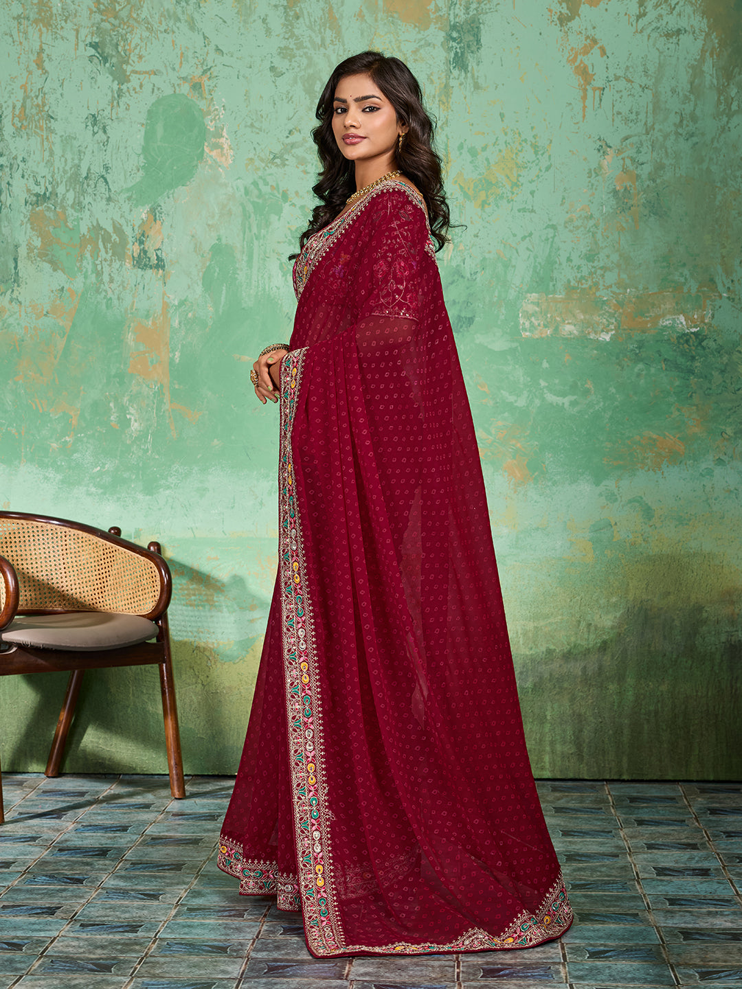  Georgette Bandhani With Gotapatti Work Saree in red colour