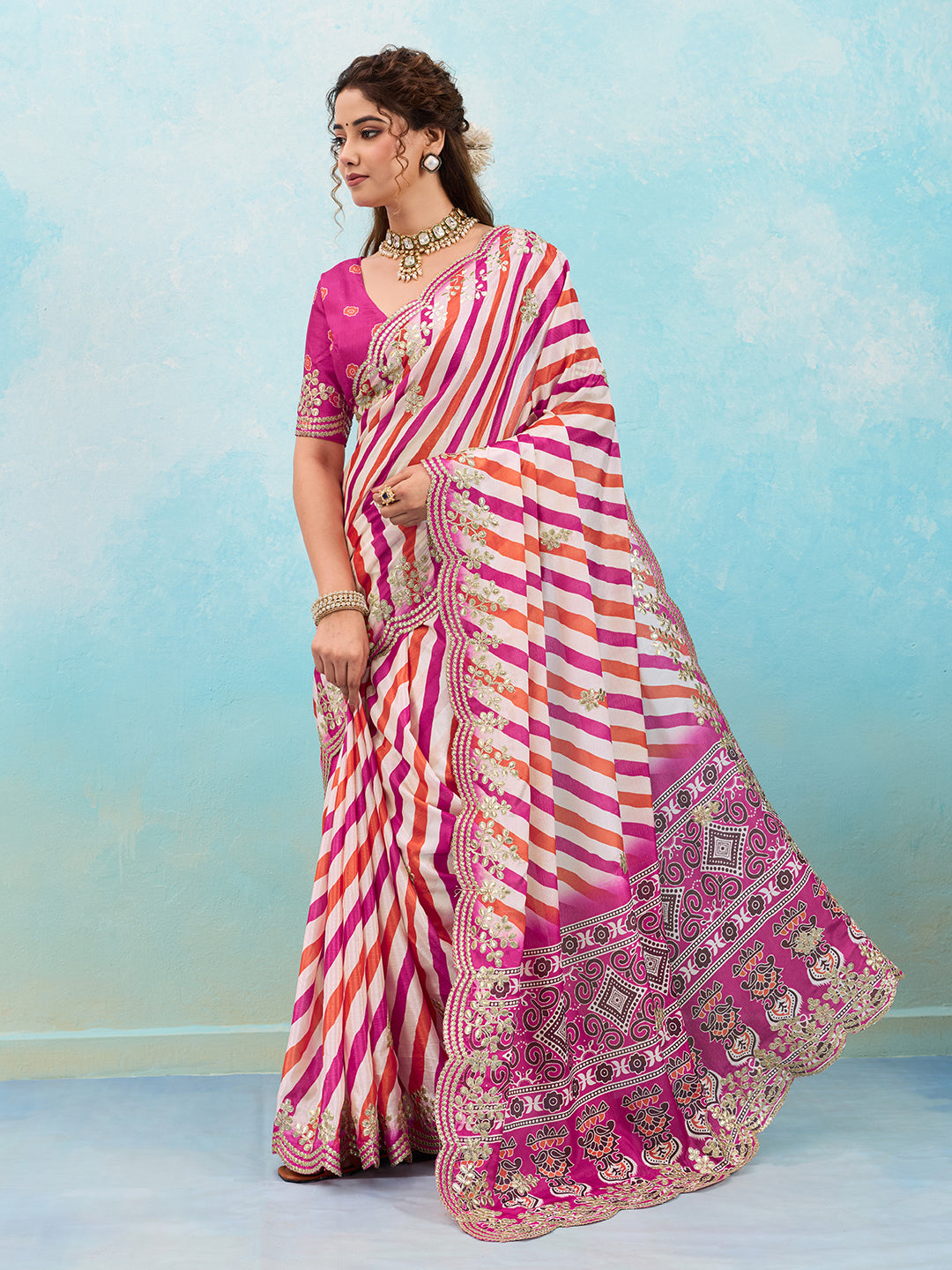 Buy Leheriya Chinon Silk Saree with Gotapatti Work Kcpc