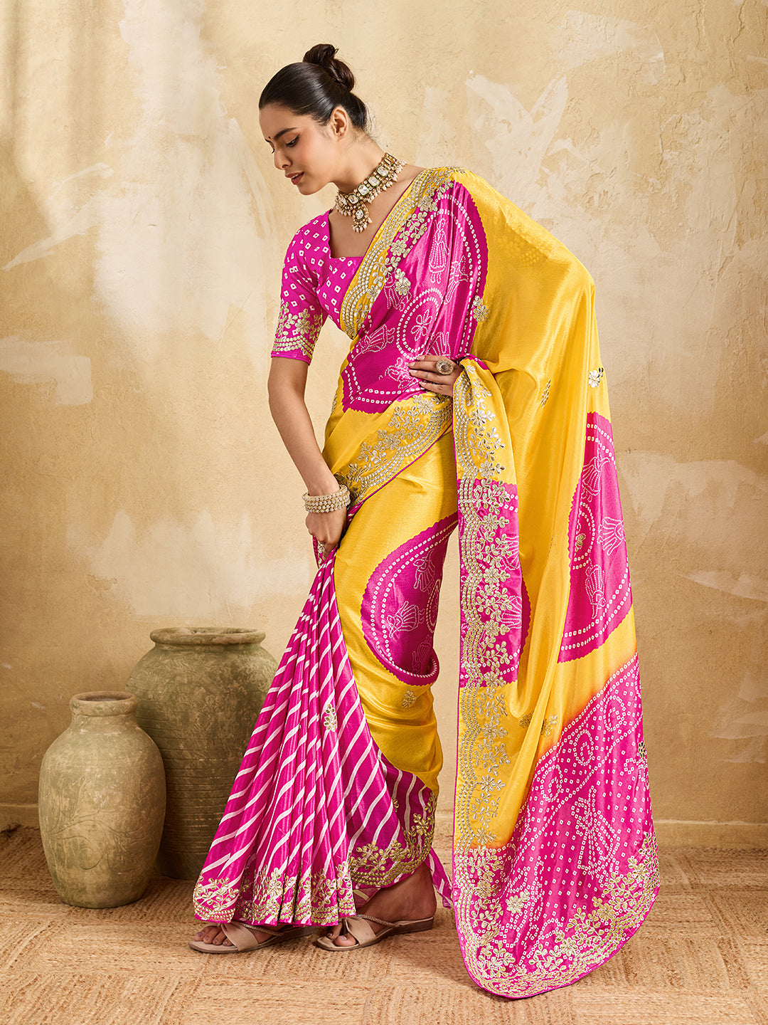 KcPc New HO silk Bandhani Style With Gotapatti Work Saree ASH