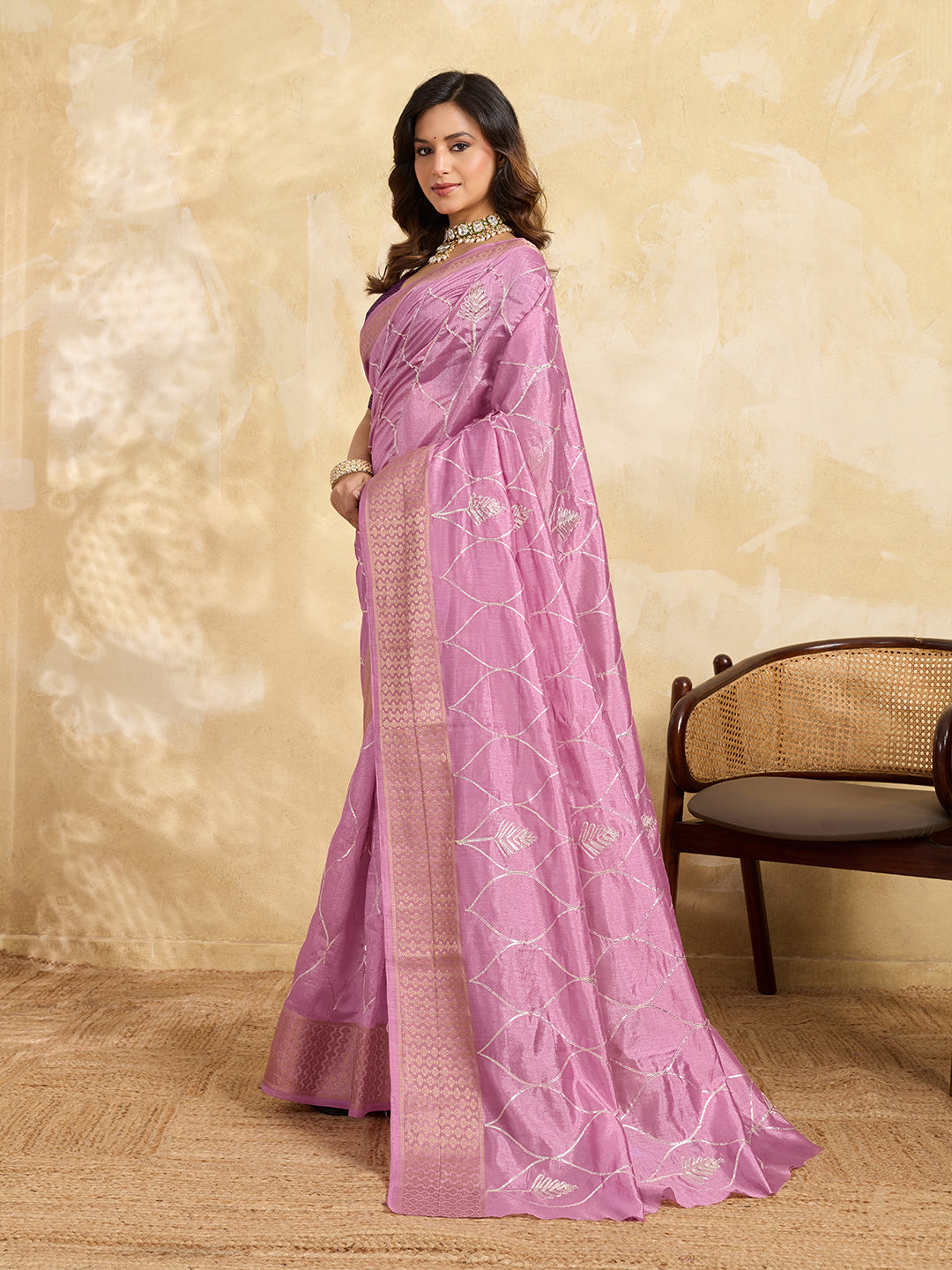 Cotton Silk Gotapatti Work Saree pink colour under 1000