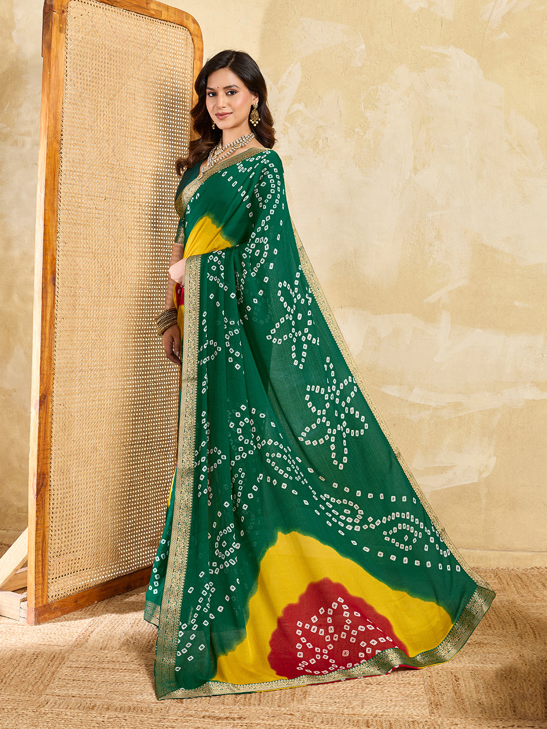 KcPc New Elegant Moss Chiffon Georgette Bandhani Saree with Zari Border KDN