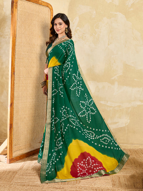 KcPc New Elegant Moss Chiffon Georgette Bandhani Saree with Zari Border KDN