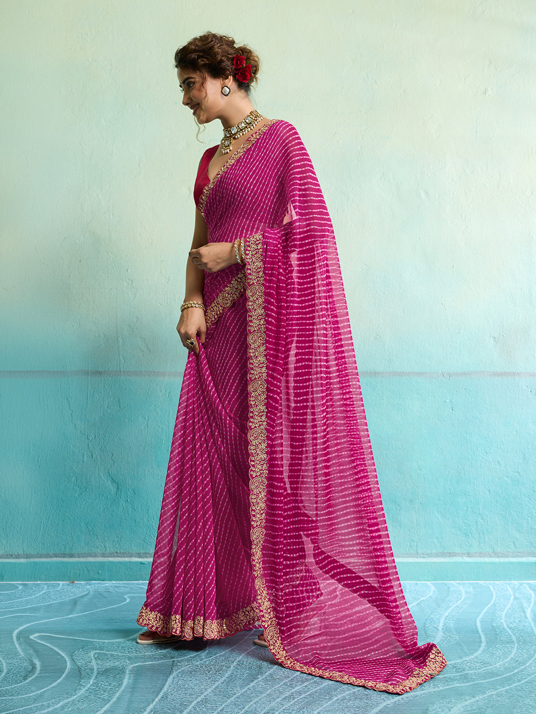 KcPc New Launch Georgette Leheriya Style With Embroidery Border Work Saree STL