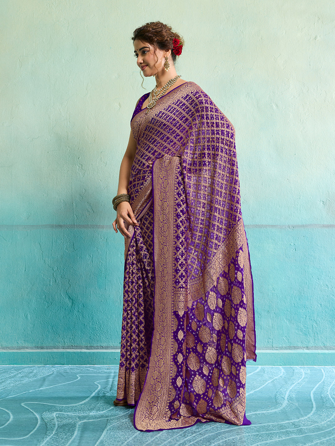 KcPc New Launch Pure Khaddi Georgette Upada Neemzari Bandhej SareePurple