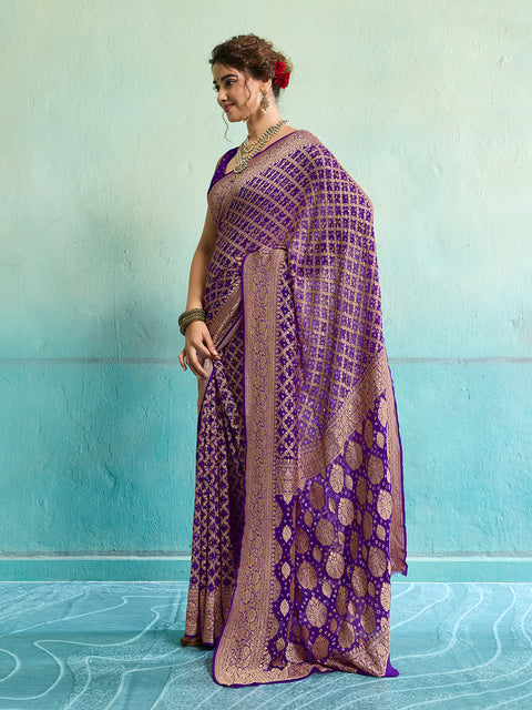 KcPc New Launch Pure Khaddi Georgette Upada Neemzari Bandhej Saree  Purple