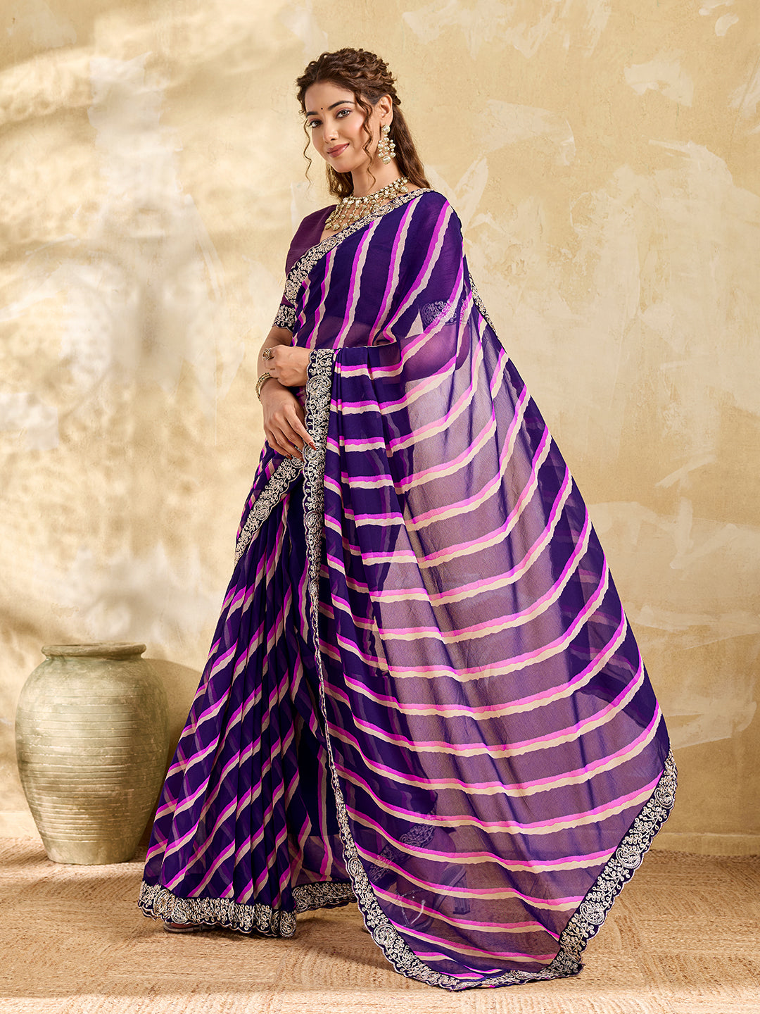 By Latest New Chiffon Leheriya Style With Embroidery Border Work Saree