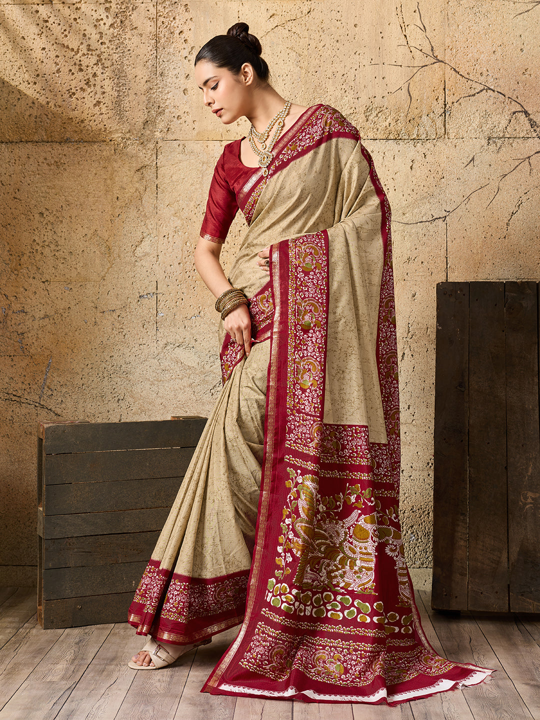 a red and beigeSilk Printed Style With Zari Border Work Saree