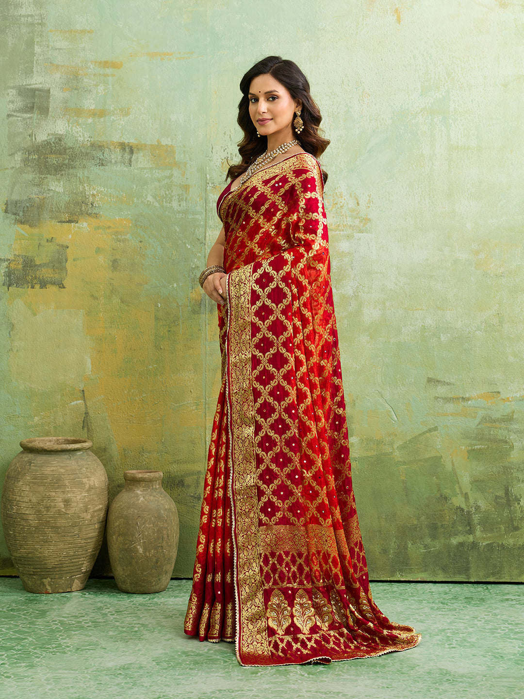  Banarasi silk saree with heavy zari work in orange and red color, with a traditional gharcholastyle 