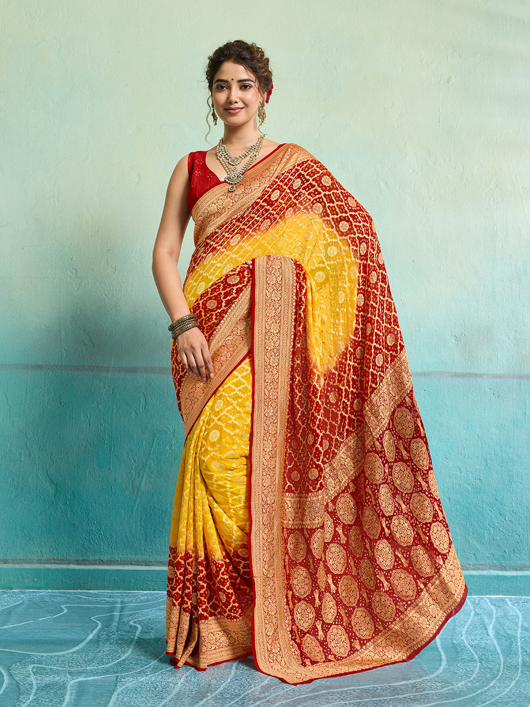 KcPc New Launch Pure Khaddi Georgette Upada Neemzari Bandhej SareeYellow Red