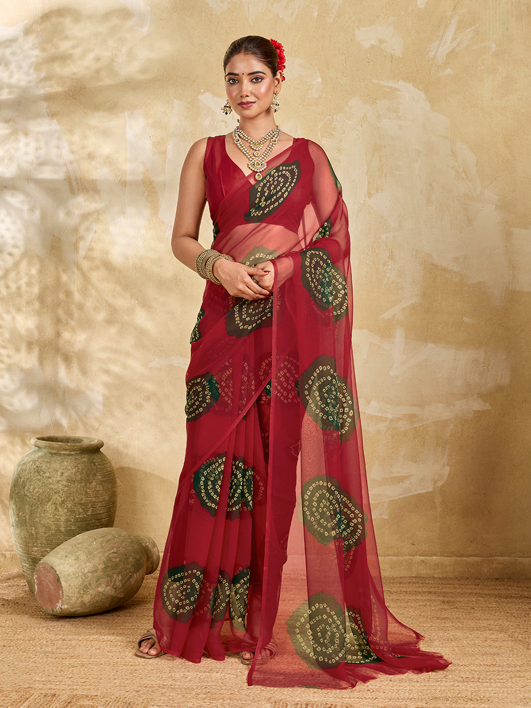  A bright red saree with bandhani print under 500