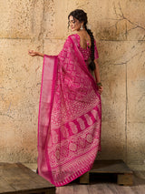 KcPc New Cotton silk Ajrakh style With Ajrakh HandPrint Work Saree STL