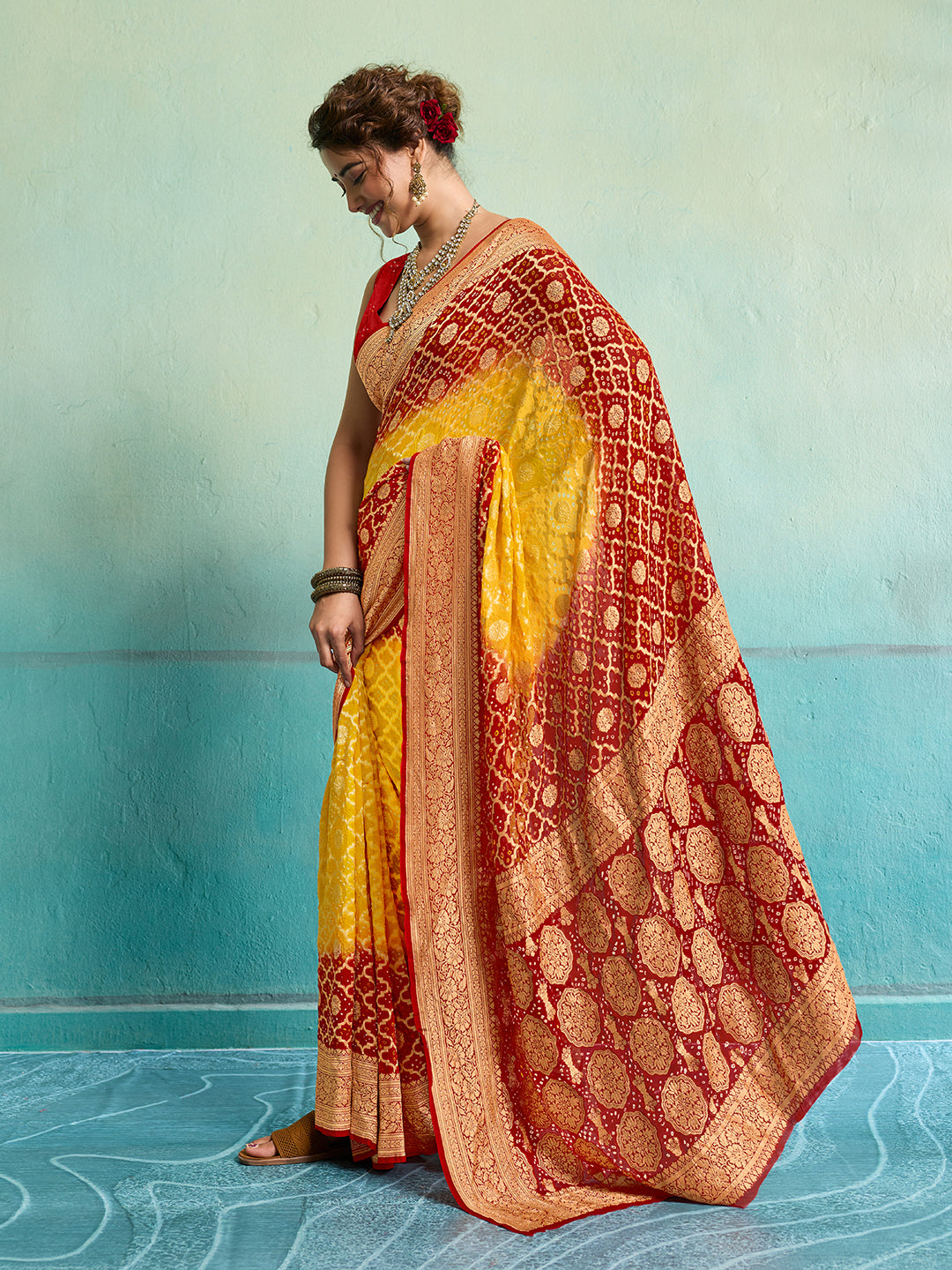KcPc New Launch Pure Khaddi Georgette Upada Neemzari Bandhej SareeYellow Red