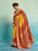KcPc New Launch Pure Khaddi Georgette Upada Neemzari Bandhej SareeYellow Red