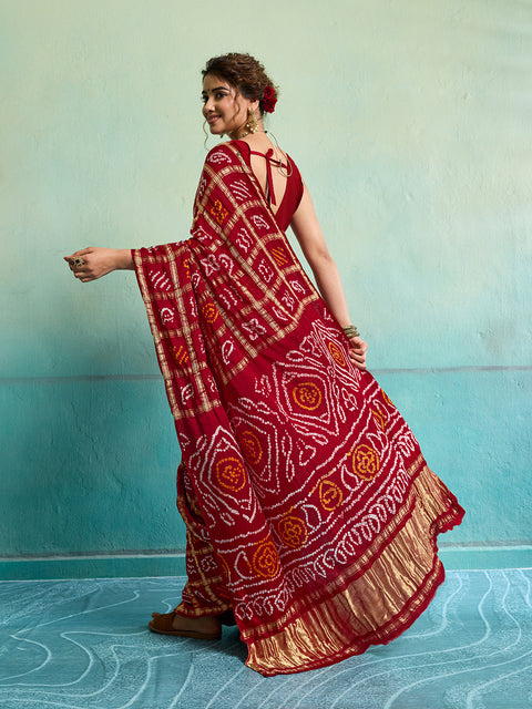 KcPc New Special Pure Gaji Silk Bandhani Ghatchola Saree Red