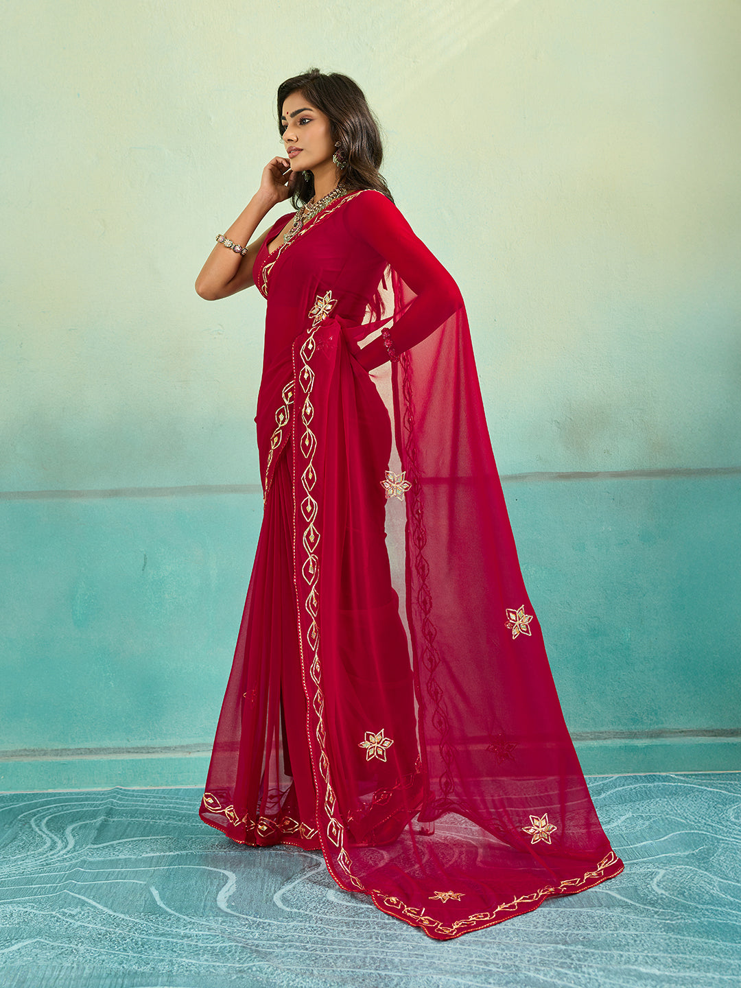 KcPc New Latest Chiffon Bollywood Style Gotapatti Work Saree MHS