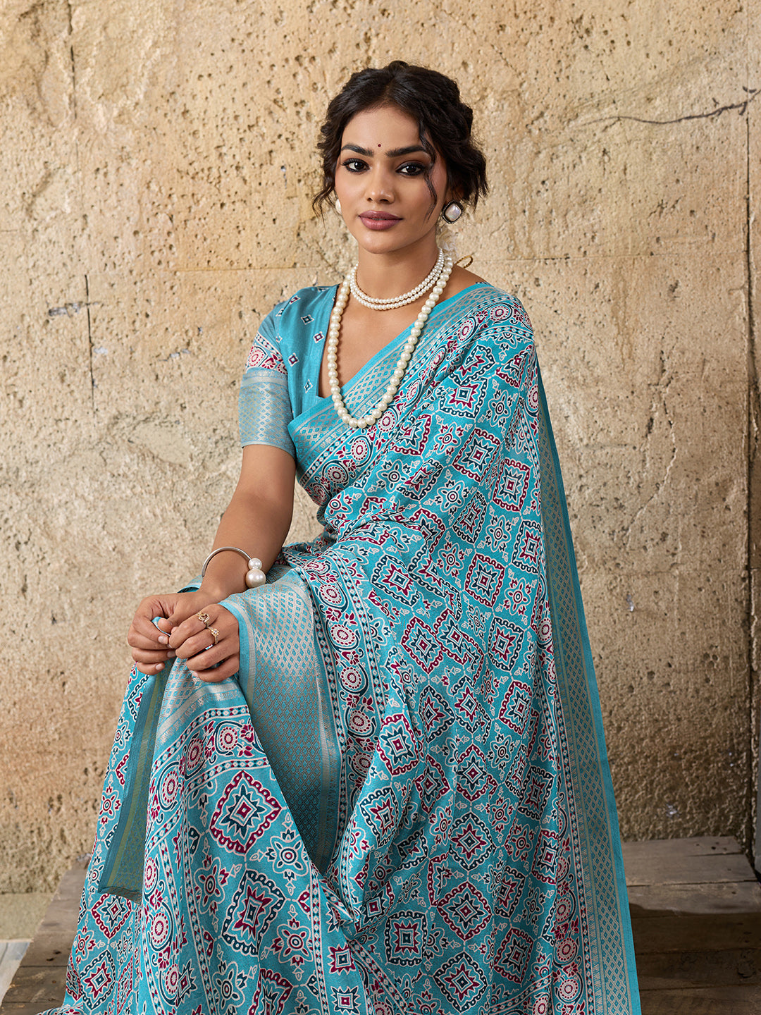  Cotton silk Ajrakh style Saree under 1000