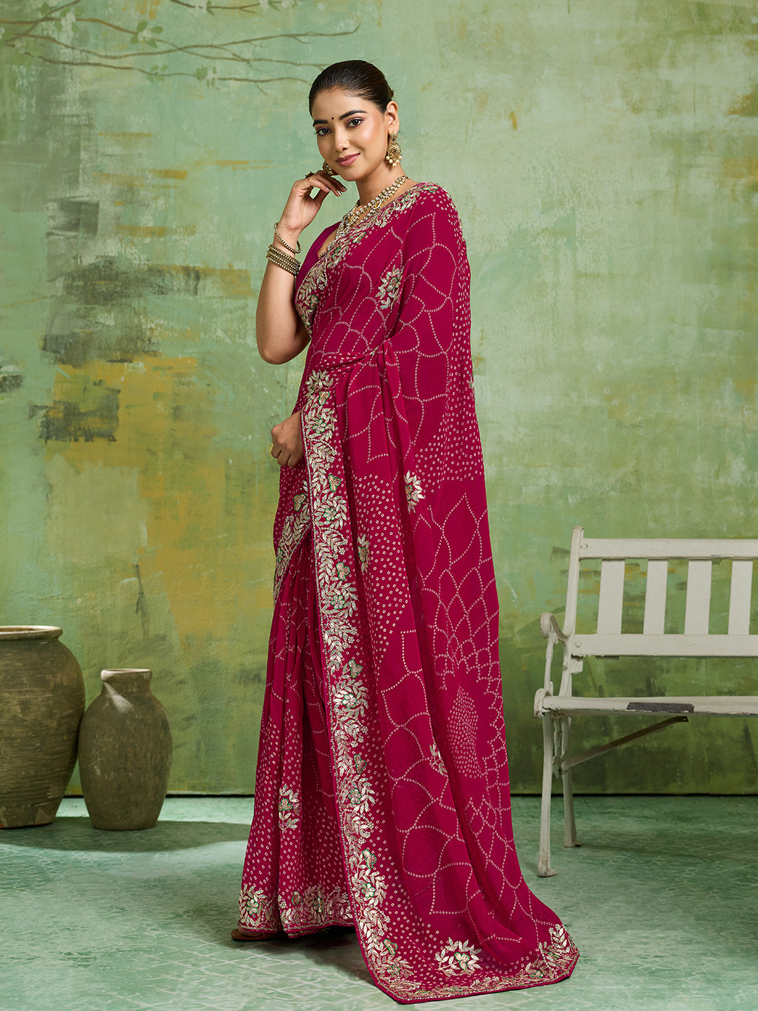 KcPc Pure Georgette Bandhani Style With Gotapatti Work Saree PIF