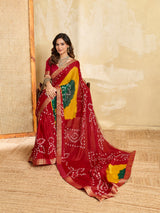 KcPc New Moss Chiffon Georgette Bandhani Style Saree with Zari Border KDN