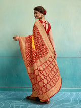 KcPc New Launch Pure Khaddi Georgette Upada Neemzari Bandhej SareeYellow Red