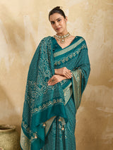 KcPc New Beautiful Viscos Silk Bandhani PrintAari tari work Saree Green GAN