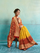 KcPc New Launch Pure Khaddi Georgette Upada Neemzari Bandhej SareeYellow Red