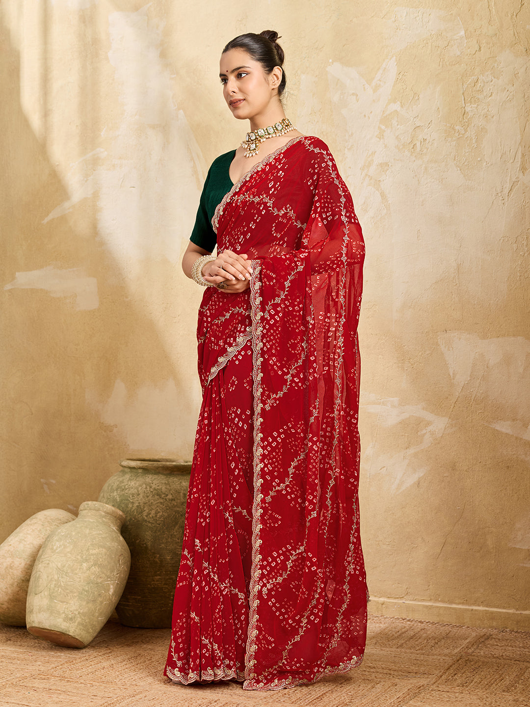 By Bandhani Saree With Kashida Emboridory Work