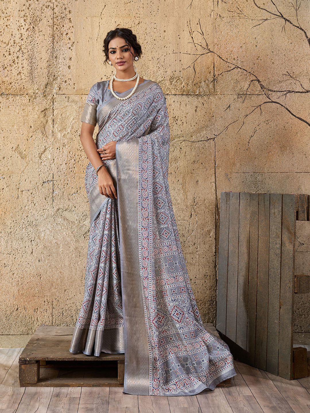 Buy Cotton silk Ajrakh style Saree Kcpc img - 2