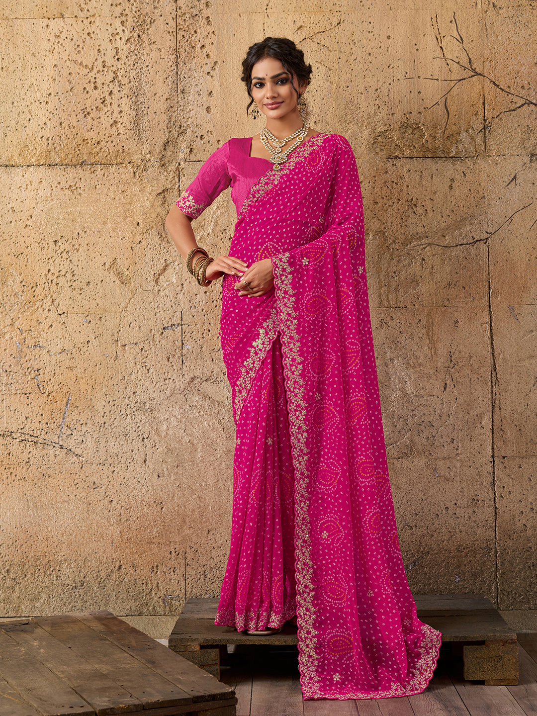 Chiffon Hand Pitta Aari Work Bandhani Sareein rani colour