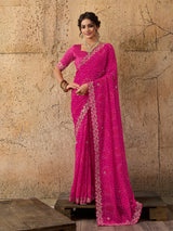 Chiffon Hand Pitta Aari Work Bandhani Sareein rani colour