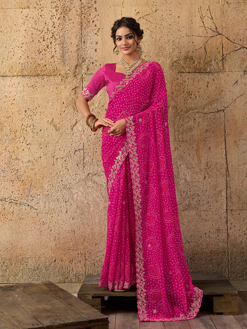 Chiffon Hand Pitta Aari Work Bandhani Saree  in rani colour