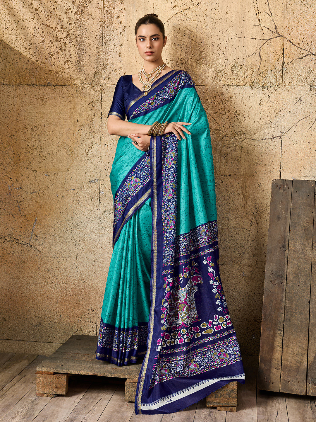 By Latest Dola Silk Printed Style With Zari Border Work Saree