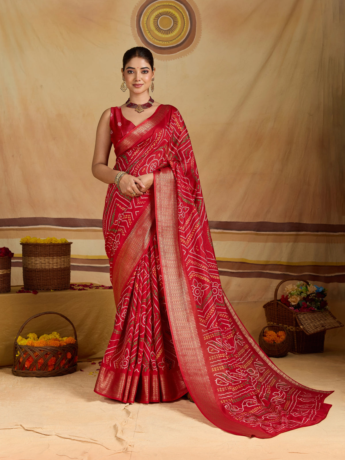 KcPc New Cotton Silk Bandhani Style With Zari Border Work Saree STL