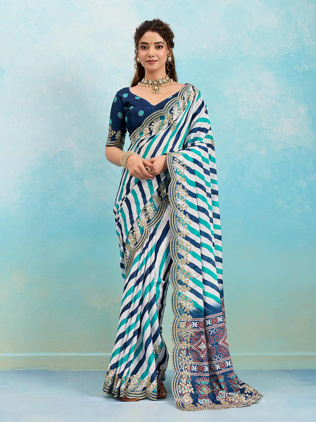 Buy Leheriya Chinon Silk Saree with Gotapatti Work