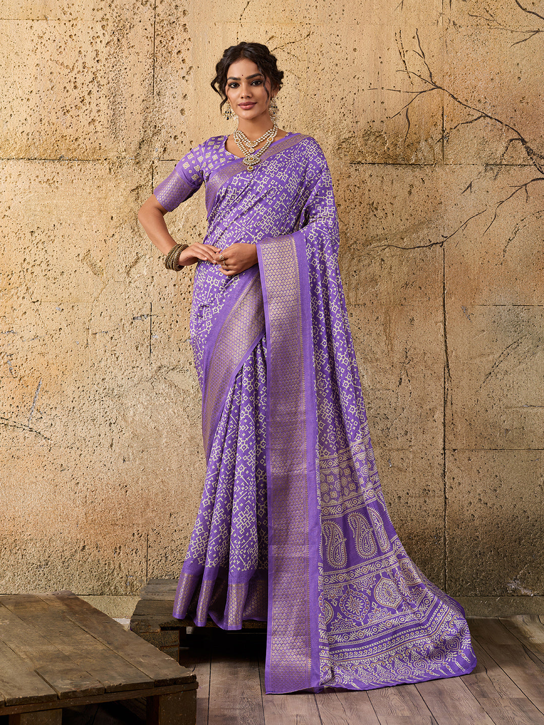 KcPc New Cotton silk Ajrakh style With Ajrakh HandPrint Work Saree STL