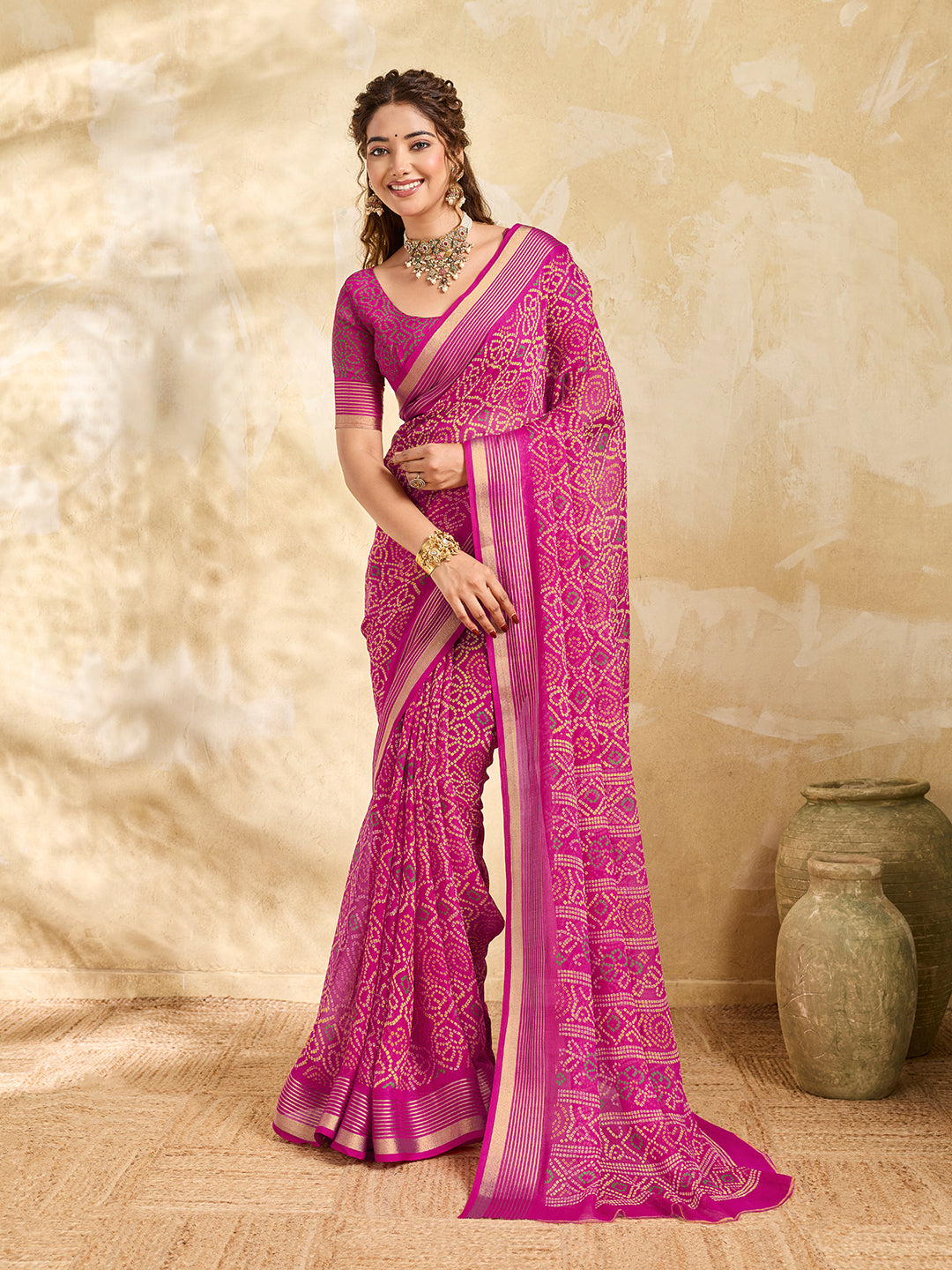 Buy Stylish Bandhani Chiffon Saree Kcpc Image 1