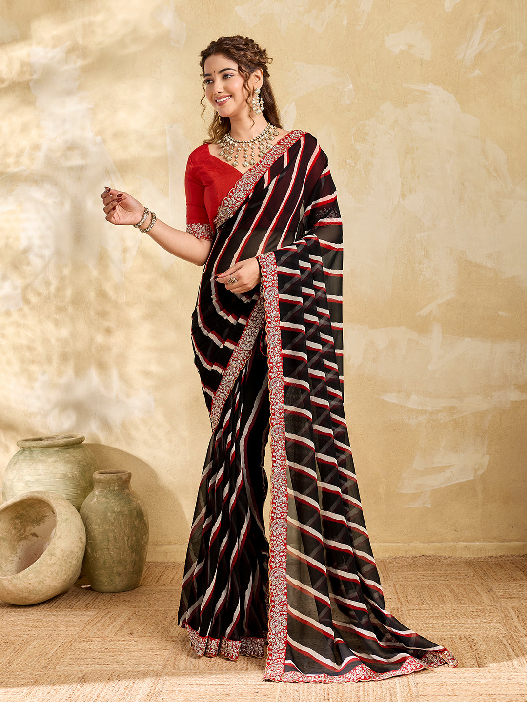 By New Launch Chiffon Leheriya Style With Embroidery Border Work Saree