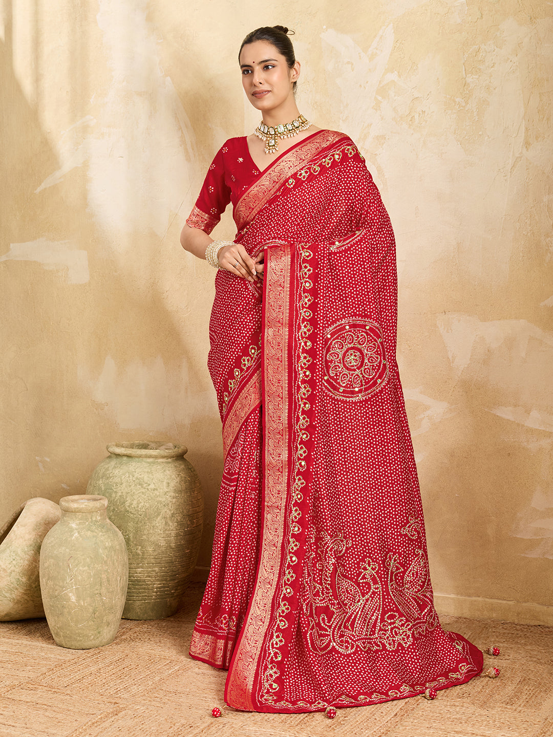 KcPc Designer Viscos Silk Bandhani PrintAari tari work SareeRed GAN