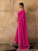 Chiffon Hand Pitta Aari Work Bandhani Sareein rani colour