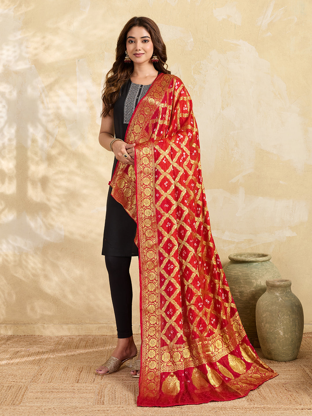 KcPc Special Silk Bandhani Dupatta with Handmade Work Orange RedSA