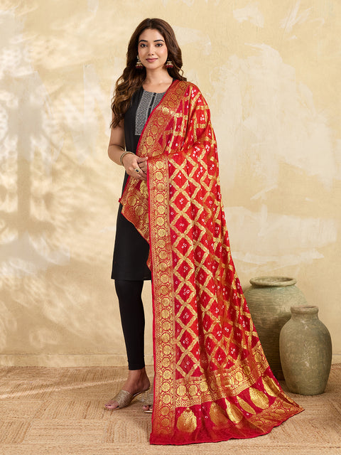 KcPc Special Silk Bandhani Dupatta with Handmade Work Orange Red  SA