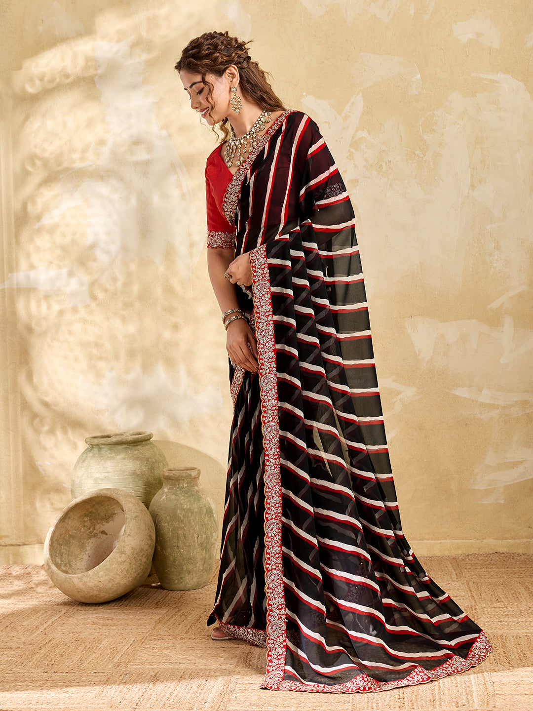 By New Launch Chiffon Leheriya Style With Embroidery Border Work Saree