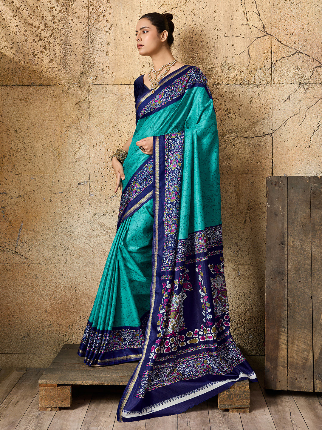 By Latest Dola Silk Printed Style With Zari Border Work Saree